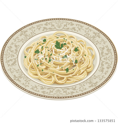 精緻餐盤上擺放著一份起司口味阿爾弗雷多寬麵。 精緻餐盤上擺放著一份起司口味阿爾弗雷多寬麵。 133575851