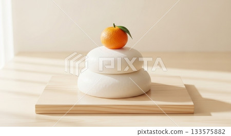 A simple New Year's image of Kagami mochi displayed on a wooden stand A simple New Year's image of Kagami mochi displayed on a wooden stand 133575882