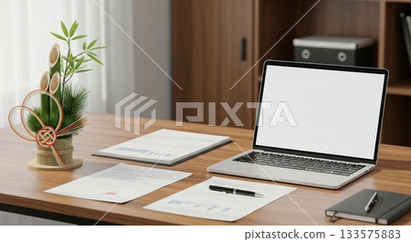 A mini Kadomatsu placed on an office desk and a business image A mini Kadomatsu placed on an office desk and a business image 133575883