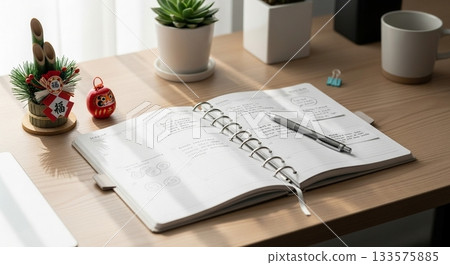 Image of the start of work for the new year with a desk, notebook, and mini Kadomatsu 133575885