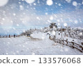 Korean Winter On a snowy day atop Deogyusan Mountain at Deogyusan National Park near Muju, South Korea. 133576068