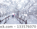 Korean Winter On a snowy day atop Deogyusan Mountain at Deogyusan National Park near Muju, South Korea. 133576070
