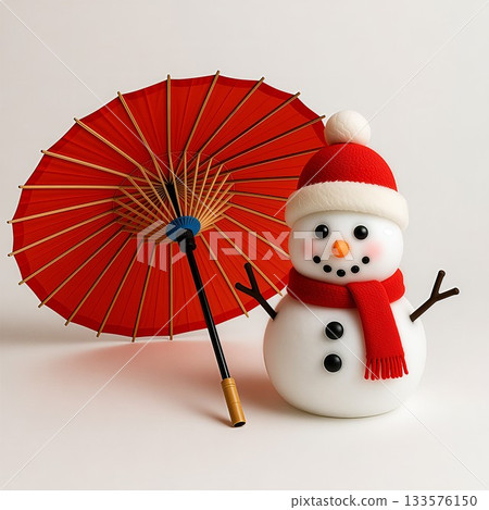 A heartwarming and cute snowman and Japanese umbrella 133576150