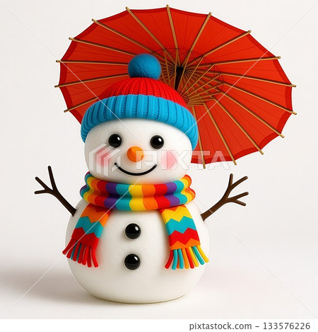 一個溫馨可愛的雪人和一把日式雨傘 133576226