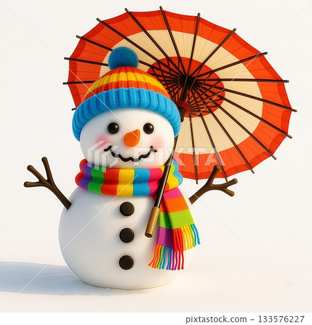 一個溫馨可愛的雪人和一把日式雨傘 133576227