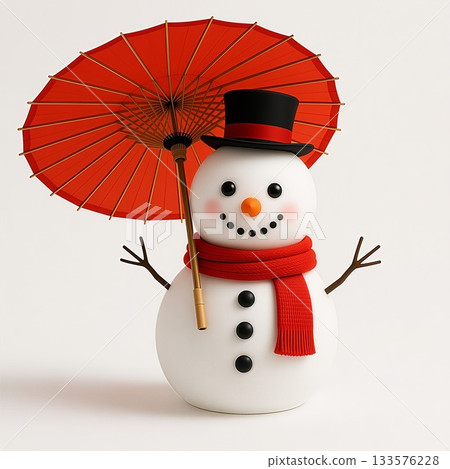 一個溫馨可愛的雪人和一把日式雨傘 133576228
