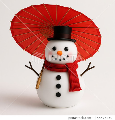 一個溫馨可愛的雪人和一把日式雨傘 133576230
