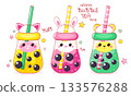 Vector Lovely little animal-shaped bubble tea cup. Baby card  in kawaii style with cute pets and Boba Tea cups. Childish print with bunny, pig, bear for t-shirt  print, stickers, greeting card design 133576288