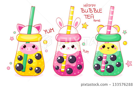 Vector Lovely little animal-shaped bubble tea cup. Baby card  in kawaii style with cute pets and Boba Tea cups. Childish print with bunny, pig, bear for t-shirt  print, stickers, greeting card design 133576288