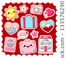 Vector set of cute vacation icon. Let's go on a trip collection of  stickers or badges with heart, passport, suitcase, sun. Delightful, visually appealing summer holidays, travel and adventure themed 133576290