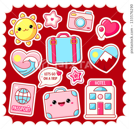 Vector set of cute vacation icon. Let's go on a trip collection of  stickers or badges with heart, passport, suitcase, sun. Delightful, visually appealing summer holidays, travel and adventure themed 133576290