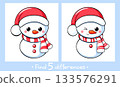 Educational Game for Kids. Find five Differences Activity For Preschool Children. Find 5 differences education game for kids with cute snowman. Merry Christmas theme. Vector Illustration EPS8 133576291