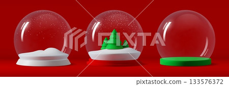 3D Christmas glass snow ball or Xmas snowball globe for New Year holiday decoration with glossy glass domes, snowy hills and green fir trees. Vector Christmas glass globe ball with snow and snowflakes 133576372
