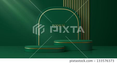Green cosmetic product podium stand with golden elements. Vector 3d green display podium or platform with modern geometric pedestals decorated with gold lines. Luxury cosmetics presentation showcase 133576373
