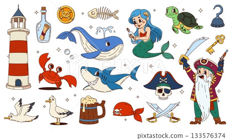 Cartoon groovy pirate and mermaid characters, corsair objects and sea animals. Vector retro groovy pirate captain, treasure map and gold coin, corsair sailor skull, sword, gun, hat and bandana 133576374