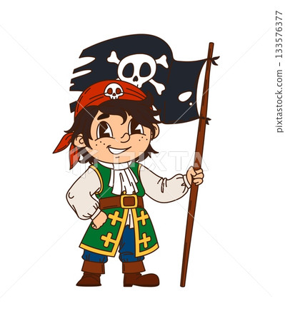 Boy kid pirate with flag cartoon funny character. Filibuster skipper cute personage, kid corsair fighter funny vector mascot. Child pirate crew boatswain cheerful character with Jolly Roger black flag Boy kid pirate with flag cartoon funny character. Filibuster skipper cute personage, kid corsair fighter funny vector mascot. Child pirate crew boatswain cheerful character with Jolly Roger black flag 133576377