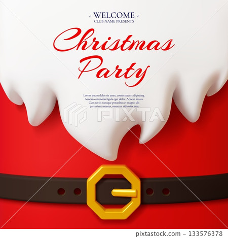 3D Christmas party invitation with festive Santa Claus costume red background, fluffy white beard and golden belt buckle. Winter holiday party vector flyer for Christmas entertainment with Santa beard 3D Christmas party invitation with festive Santa Claus costume red background, fluffy white beard and golden belt buckle. Winter holiday party vector flyer for Christmas entertainment with Santa beard 133576378