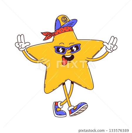 Groovy star character walks playfully in colorful sneakers, wearing a red bandana and peace sign cap. Vector retro 70s mascot sticks out its tongue with a happy smile for summer parties 133576389