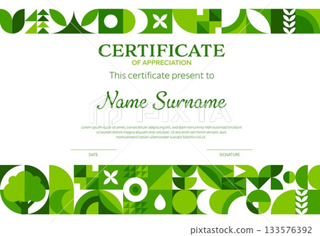 Ecology environment business certificate with geometric pattern and green shapes. Vector modern environmental diploma of appreciation layout template with abstract modular motif and natural elements 133576392