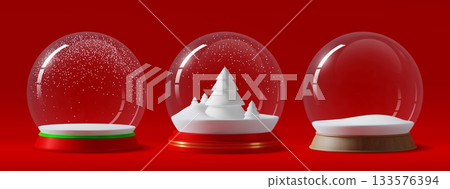 3d glass snow balls with winter fir trees and snowy hills. Vector realistic Christmas snowball globes, New Year holiday snow balls decorations with glossy transparent glass domes and round bases 133576394