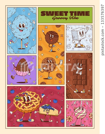 Sweets and dessert groovy characters posters, vector retro pastry and confectionery food. Cartoon groovy chocolate bar, fruit pie and cheesecake, cookie, lollipop and sugar characters, bakery posters 133576397