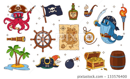 Cartoon groovy pirate characters and corsair objects. Cute octopus and whale corsairs vector groovy personages, pirate treasure map, chest and sea island, captain hat, black flag, spyglass and rum 133576400