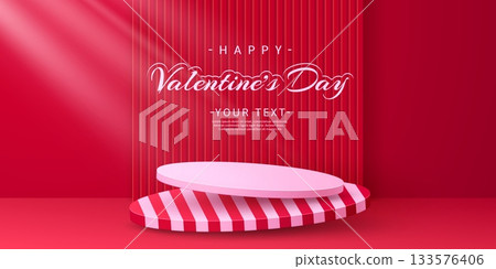 Happy Valentine 3D podium stage round platform for love holiday, vector greeting card. Valentine Day podium with pink round stage and striped platform on red background of studio showroom with light 133576406