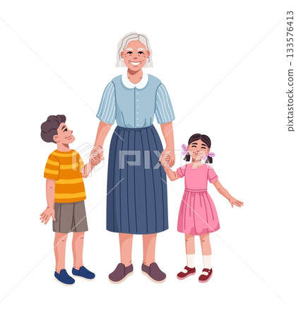 Happy cartoon family with kids and granny in casual clothing. Loving grandmother holding hands with boy and girl with happiness. Warm vector family portrait with love and support Happy cartoon family with kids and granny in casual clothing. Loving grandmother holding hands with boy and girl with happiness. Warm vector family portrait with love and support 133576413