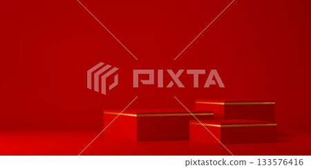 3d red podium pedestal with golden lines. Three red rectangular podium blocks trimmed by gold lines, arranged in staggered heights on a crimson background. Vector cubic podiums, product display scene 133576416