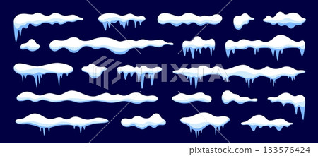 Cartoon Christmas winter snow caps and icicle drifts, vector icy borders. Snow caps on window or roof snowy piles for Xmas seasonal decoration, Christmas holiday cozy mood and winter game assets 133576424