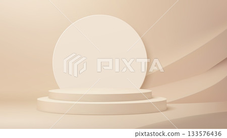 3d beige podium stage. Vector circular stand with soft shadows, round backdrop panel and abstract flowing background shape. Neutral elegant display scene for beauty product or cosmetic presentation 133576436