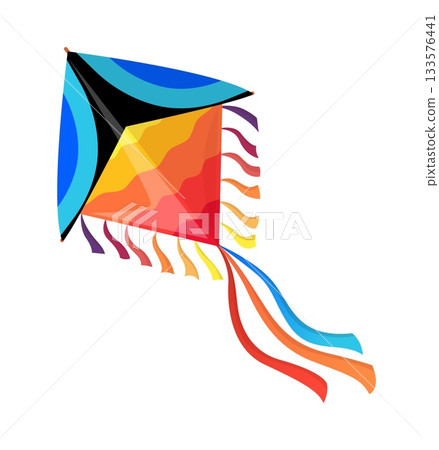 Cartoon diamond shaped paper kite. Short wavy streamers fringe one side, while two long ribbon tails in red, orange and blue sweep backward in fluid curves. Vector summer festival kite kid toy 133576441