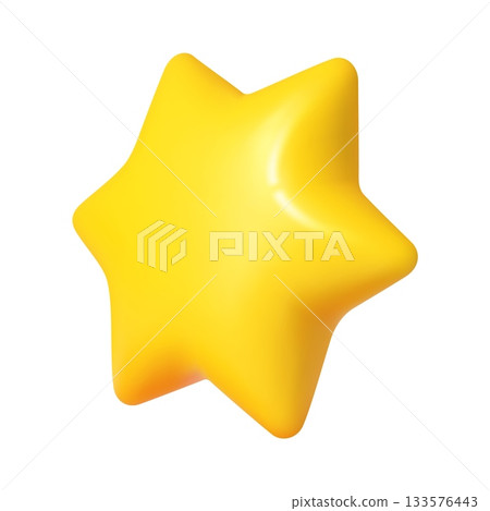 Yellow 3d six point star realistic figure. Thick yellow star 3d element, party balloon 3d realistic vector shape. Light sparkle isolated form or six pint glossy star figure Yellow 3d six point star realistic figure. Thick yellow star 3d element, party balloon 3d realistic vector shape. Light sparkle isolated form or six pint glossy star figure 133576443