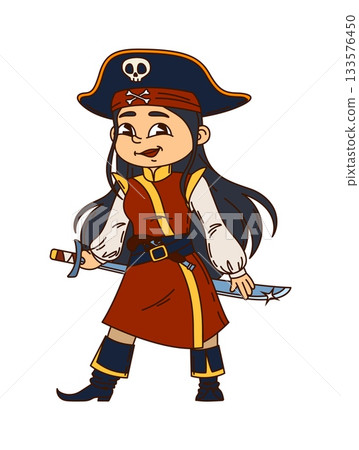 Asian cartoon pirate and corsair female character. Cute cartoon vector pirate girl in a red and gold outfit with a sword and skull hat. Funny, adventurous and smiling marine queen with long black hair 133576450