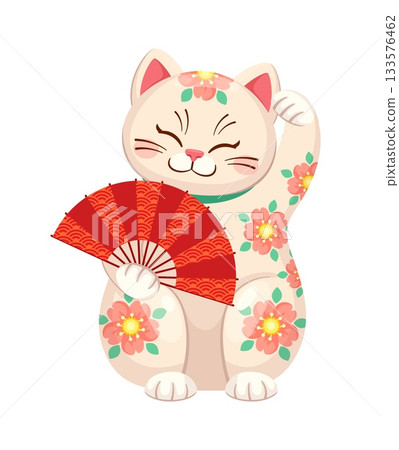 Maneki neko Japanese lucky cat with Chinese fan for luck and fortune symbol, cartoon vector. Maneki neko cat character with Chinese red fan with flowers decoration, happy smile and waving paw for luck Maneki neko Japanese lucky cat with Chinese fan for luck and fortune symbol, cartoon vector. Maneki neko cat character with Chinese red fan with flowers decoration, happy smile and waving paw for luck 133576462