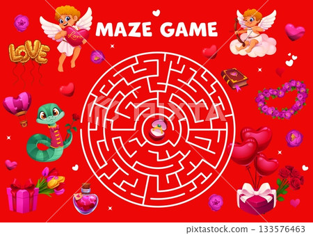 Valentines day labyrinth maze game with cherubs and snake. Cartoon vector love riddle worksheet with circular path contains engagement ring as romantic prize in center, surrounded by hearts and gifts Valentines day labyrinth maze game with cherubs and snake. Cartoon vector love riddle worksheet with circular path contains engagement ring as romantic prize in center, surrounded by hearts and gifts 133576463