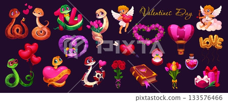Cartoon Valentine day holiday characters and love symbols, vector hearts and cupids. Valentine day love characters of snakes couple with cherub angels on clouds, wedding ring and gifts with flowers Cartoon Valentine day holiday characters and love symbols, vector hearts and cupids. Valentine day love characters of snakes couple with cherub angels on clouds, wedding ring and gifts with flowers 133576466