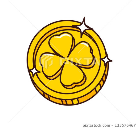 Cartoon groovy St Patrick day golden coin with shamrock engraved, Irish holiday symbol of luck and prosperity. Gold of leprechaun, isolated vector retro coin with clover leaf and sparks on edge Cartoon groovy St Patrick day golden coin with shamrock engraved, Irish holiday symbol of luck and prosperity. Gold of leprechaun, isolated vector retro coin with clover leaf and sparks on edge 133576467
