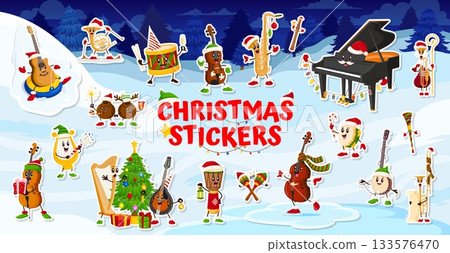 Cartoon winter Christmas music instruments festive stickers pack at Xmas holiday ice rink vector background. Funny guitar, piano, drum and violin music instrument characters with Christmas tree, gifts Cartoon winter Christmas music instruments festive stickers pack at Xmas holiday ice rink vector background. Funny guitar, piano, drum and violin music instrument characters with Christmas tree, gifts 133576470