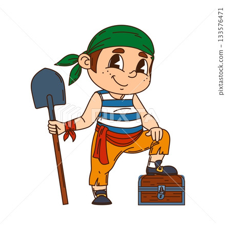 Boy kid pirate sailor cartoon cute character. Child corsair skipper or boatswain happy mascot, pirate crew cheerful vector character. Kid boatswain funny personage with shovel and treasure chest Boy kid pirate sailor cartoon cute character. Child corsair skipper or boatswain happy mascot, pirate crew cheerful vector character. Kid boatswain funny personage with shovel and treasure chest 133576471