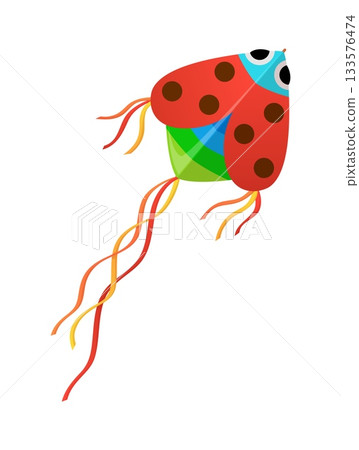 Cartoon paper kite in ladybug or ladybird shape for summer festival, vector icon. Kids entertainment toy of kite with cartoon ladybug or ladybird ornament and ribbons for Makar Sankranti holiday 133576474
