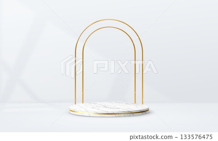 3d marble podium cosmetics stage with golden rings. Marble stone stand with gold arch frame. Realistic vector pedestal with arched border. White stone platform or display, exhibit or gallery bases 3d marble podium cosmetics stage with golden rings. Marble stone stand with gold arch frame. Realistic vector pedestal with arched border. White stone platform or display, exhibit or gallery bases 133576475