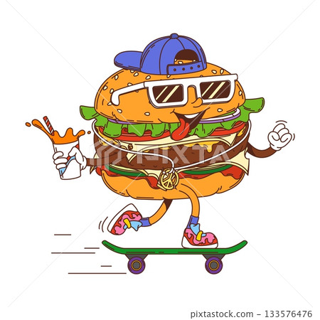 Cartoon groovy hippie burger character riding a skateboard with a soda splash, wearing sunglasses and cap, full of retro hippie y2k vibe. Vector funky and playful fast food hamburger teen personage Cartoon groovy hippie burger character riding a skateboard with a soda splash, wearing sunglasses and cap, full of retro hippie y2k vibe. Vector funky and playful fast food hamburger teen personage 133576476