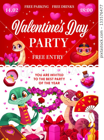 Valentine day party flyer with cute cartoon snake characters, heart decorations, roses, gift boxes, and love potion bottle. Vector festive poster for romantic celebration with pink hearts and flowersV Valentine day party flyer with cute cartoon snake characters, heart decorations, roses, gift boxes, and love potion bottle. Vector festive poster for romantic celebration with pink hearts and flowersV 133576477