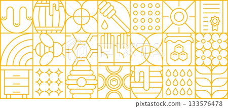 Honey and beekeeping pattern. Modern linear apiary production grid. Vector background with honey jars, bees, hives, hexagon cells, sun, drops, flowers and tools in golden yellow outline squares 133576478