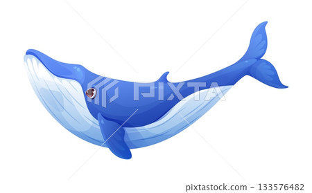 Cartoon blue whale character. Ocean mammal specie cute isolated personage, marine animal funny vector character. Oceanarium wildlife big mammal, whale happy cartoon personage or cheerful mascot 133576482