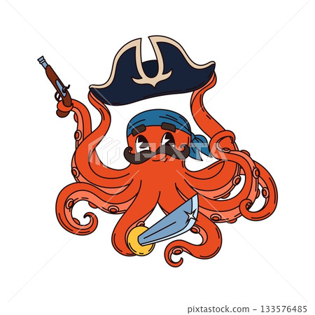 Octopus corsair pirate cartoon adorable character. Ocean underwater animal pirate cheerful vector mascot, octopus corsair pirate cute character with tricorn hat, flintlock pistol and cutlass sword Octopus corsair pirate cartoon adorable character. Ocean underwater animal pirate cheerful vector mascot, octopus corsair pirate cute character with tricorn hat, flintlock pistol and cutlass sword 133576485
