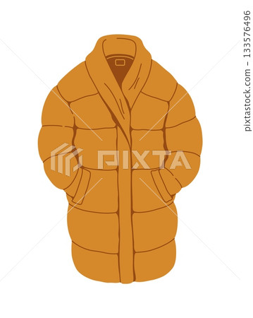 Winter wardrobe orange puffer coat, cold season clothing accessory. Winter wardrobe, cold weather puffer coat accessory, autumn or spring garment isolated vector element. Warm apparel outfit item 133576496