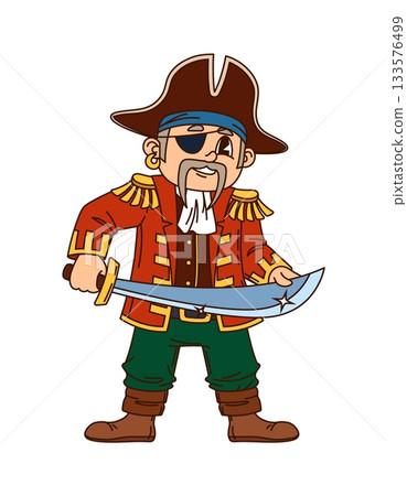 Corsair pirate crew captain with sword cartoon character. Boatswain fighter character, corsair isolated vector personage. Pirate bandit wearing red military suit and tricorn hat, armed with sword 133576499