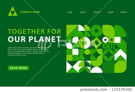 Green landing page of ecology business company with geometric pattern, vector template. Landing page menu layout for environment protection and planet ecology or green nature conservation project 133576500
